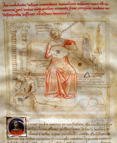 Allegorier for musikken i "" Chansonne des sept Vertus et des sept Arts liberales destinee à Bruzio Visconti "(Sangen om dyder og videnskaber) af Bartolomeo di Bartoli. Akvarel af Andrea di Bartoli (aktiv mellem 1358 og 1368) (ms. 599, fol. af Andrea de Bartoli