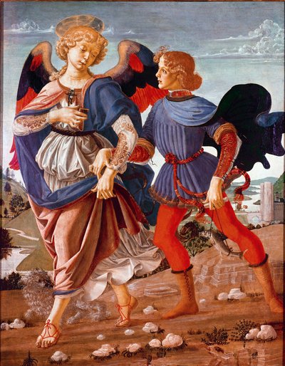 Tobie og englen Tobias (Tobias), anklaget af sin blinde far for at finde fiskefilen, er ledsaget af ærkeenglen Raphael. Maleri af Andrea del Verrocchio-skolen (1435-1488) 1470-1480. National Gallery, London af Andrea del (school of) Verrocchio