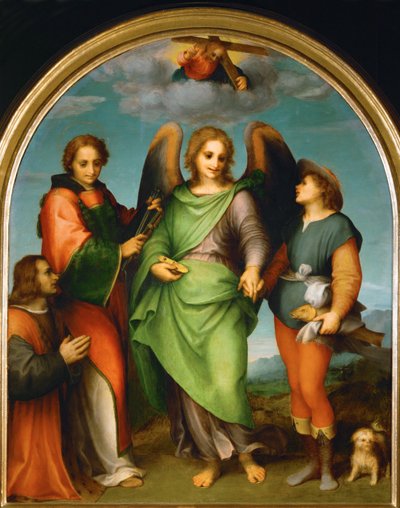 Ærkeenglen Raphael og Tobias, Sankt Laurentius og giveren, Leonardo di Lorenzo Morelli (maleri på træ) af Andrea del Sarto
