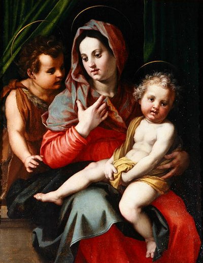 Madonna og barn med St. John (olie på panel) af Andrea del Sarto