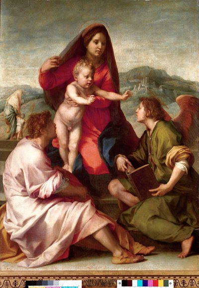 Madonna della Scala. Hellig familie med en engel. Maleri af Andrea del Sarto (1486-1531) 1522-1523 søn. 1,77x1,35 m Madrid, Prado Museum af Andrea del Sarto