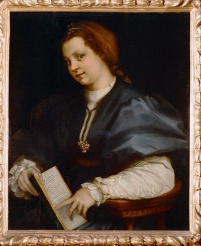 Portræt af en pige med Petrarchino, en lille udgave af digte af Petrarca (maleri på træ) af Andrea del Sarto