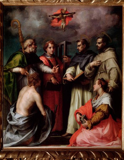 Disputationen af den hellige treenighed, med Sankt Peter, Sankt Lawrence, Sankt Augustin af Hippo, Sankt Frans, Sankt Sebastian, Sankt Maria Magdalena (maleri, ca. 1517) af Andrea del Sarto