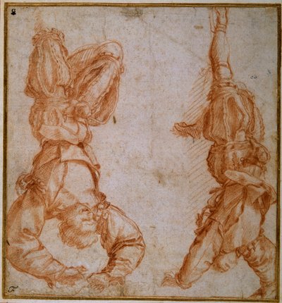 To undersøgelser af en mand ophængt i venstre ben (rødt kridt på cremepapir) af Andrea del Sarto