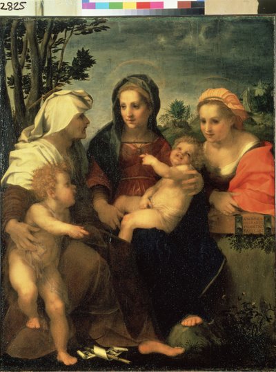 ""Jomfru og barn med Saint Catherine, Saint Elizabeth og Saint John the Baptist"" (Jomfru og barn med Saints Catherine, Elisabeth and John the Baptist) Maleri af Andrea d