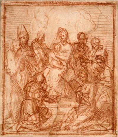 "Madonna og barn på tronen med otte hellige" (Madonna på tronen med barn og otte helgener (Kompositionsstudie)) Sanguinetegning af Andrea del Sarto (1486-1531) 1528 Sanguine på papir Dim 15,6x13,5 cm Staatliche Museen, Berlin af Andrea del Sarto