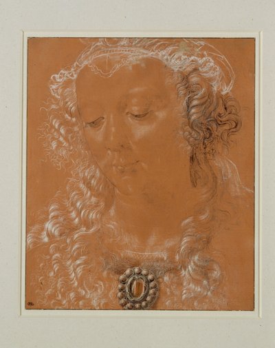 Kvindehoved med nedadvendte øjne, drejet lidt til venstre ... af Andrea del Verrocchio
