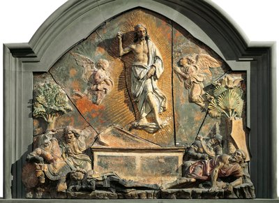 Kristi opstandelse (Den sovende soldat er repræsenteret som Laurent de Medici (Lorenzo den storslåede) Polykrom terracotta relief af Andrea del Verrocchio (1437-1488) Museo Nazionale del Bargello Firenze fra det 15. århundrede af Andrea del Verrocchio