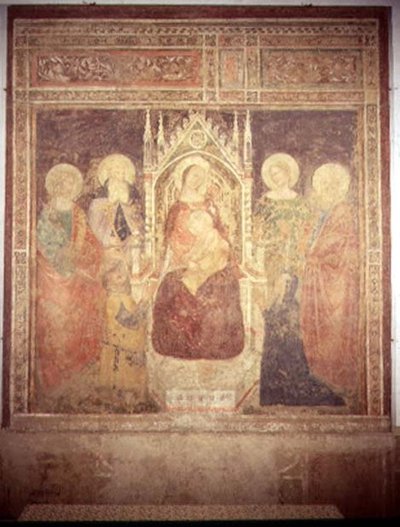 Madonna og barn med SS. Elia, Johannes Døberen, Nicolas og Leonard (fresko) af Andrea di Bonaiuto (fl.1343 77)