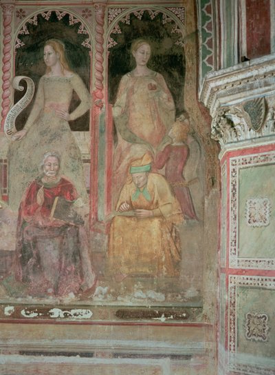 Kirkens militante og triumferende, i det spanske kapel, detalje af retorik, cicero, grammatik og Aelius Donatus af Andrea di Bonaiuto (fl.1343 77)