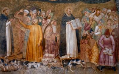 Den militante kirkes triumf: Thomas Aquinas før kætterne og nederst til højre rev Fra Dolcino den officielle doktrin om kirken. Spagniardernes Kapel (Detalje af fresken, 1365) af Andrea di Bonaiuto (fl.1343 77)