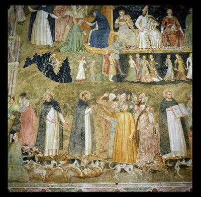 St. Dominic sender Herrens hunde frem med St. Peter Martyr og St. Thomas Aquinas, ca. 1369 af Andrea di Bonaiuto