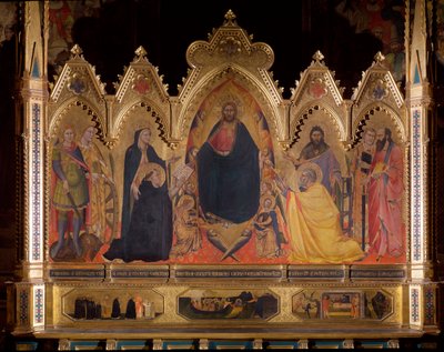 Maesta repræsenterer Jesus på tronen med St Michael, Mary og St Thomas Aquinas, St John the Baptist, St Peter, St Lawrence and St Paul - olie på panel af Andrea di Cione Orcagna