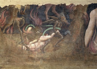 Dødens triumf, detalje af en djævel, der fører en synder bort i helvede, fresko fra 1348 af Andrea di Cione Orcagna