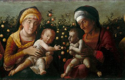 Den hellige familie med de hellige Elisabeth, John og Zachary, detaljer af Andrea school of Mantegna