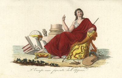 Allegorisk figur af Europa siddende på en trone i en lilla kappe med bøger, globus, palet, scepter, lyre og ugle af Andrea the Elder (after) Appiani