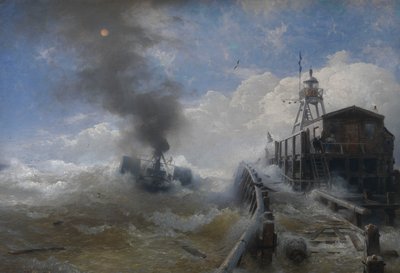 En slæbebåd, der forlader havnen i Oostende ved højvande af Andreas Achenbach