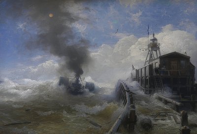 En slæbebåd forlader havnen i Oostende ved højvande. 1878 af Andreas Achenbach