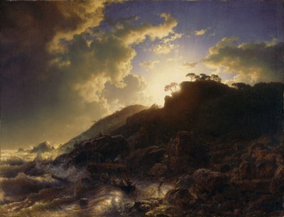 Fransk: Coucher de soleil après une tempête sur la côte de la Sicile Solnedgang efter en storm på Siciliens kyst af Andreas Achenbach