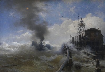 Tysk: Ein Schlepper verlässt den Hafen von Ostende bei Flut Bugserbåd forlader havnen i Oostende på sit højeste af Andreas Achenbach