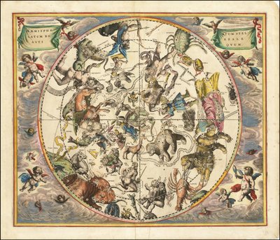 Himmelkort fra 1660, der illustrerer konstellationerne på den nordlige halvkugle overlejret på jordens sydlige halvkugle. af Andreas Cellarius