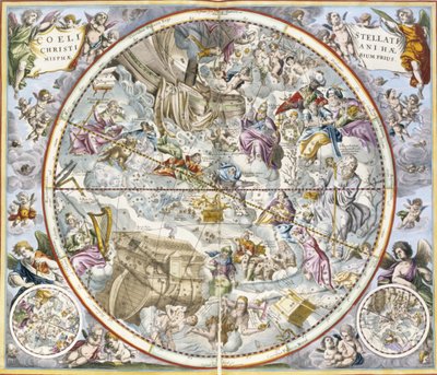 Kort over de kristne konstellationer som afbildet af Julius Schiller, fra The Celestial Atlas, eller The Harmony of the Universe atlas coelestis seu harmonia macrocosmica pub. af Joannes Janssonius, Amste af Andreas Cellarius