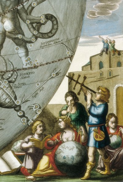 Forskere (astrologer og astronomer) studerer glober og himmelkort, detaljer fra Atlas Coelestis seu Harmonia Macrocosmica af Andreas Cellarius (1596-1665) af Andreas Cellarius