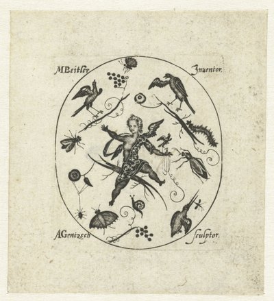 Oval med putto omgivet af fugle, sommerfugle og insekter Moderne grotesker i form af sorte ornamenter (serietitel) af Andreas Gentzsch