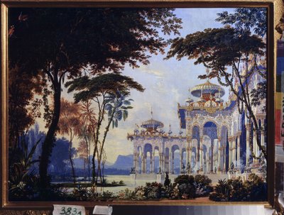 Palads - Forberedende indretning til operaen "Rouslan og Lyudmila" af Mikhail Glinka (1804-1857) - Scenografi til operaen Ruslan og Lyudmila af M Glinka - Værk af Andreas Leonhard Roller (1805-1891), akvarel og gouache på papir af Andreas Leonhard Roller