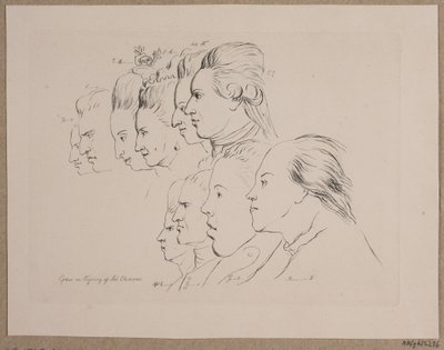 10 portrætter: Enevold Brandt, Johann Friedrich Struensee, Caroline Mathilde, Julieane Marie, Arveprins Frederik, Christian VII, Marie Jeanne Clemens, J. F. Clemens, Jens Juel og Nicolai Abildgaard af Andreas Peter Madsen
