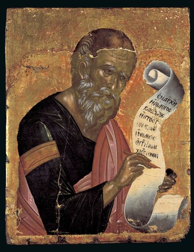 St. Johannes teologen, skriver sine åbenbaringer på en åben rulle (ægtempera på panel) af Andreas Rico
