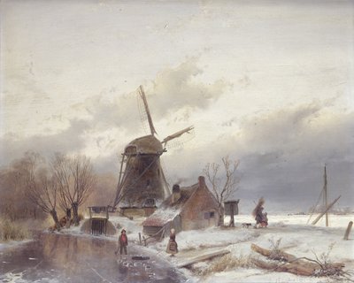 Et frosset flodlandskab med en vindmølle (olie på vindmølle) af Andreas Schelfhout