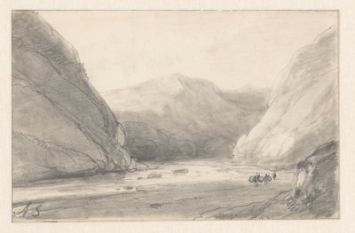 Bjerglandskab med flod og en figur med to læssede æsler af Andreas Schelfhout