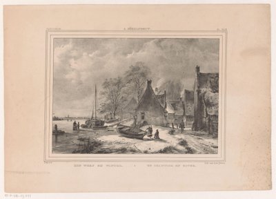 Frosset flod nær landsbyen En gård om vinteren / Un chantier en hiver (titel på objekt) af Andreas Schelfhout
