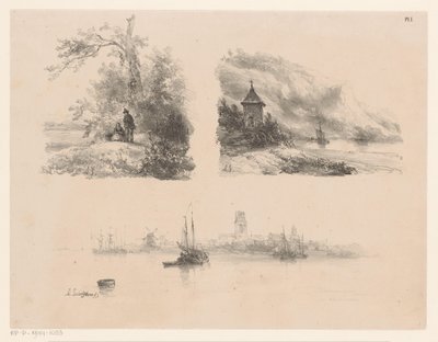 Figurer i en skov, en flod langs en bjergrig kyst og både på vandet af Andreas Schelfhout