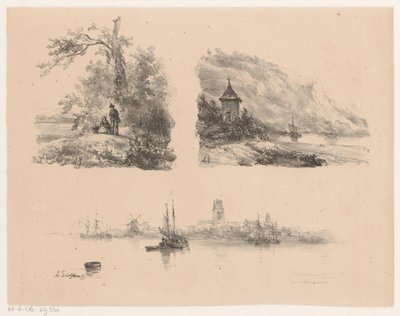 Figurer i en skov, en flod langs en bjergrig kyst og både på vandet af Andreas Schelfhout
