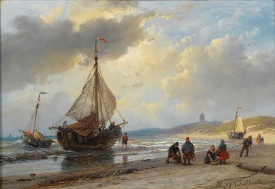 Travlhed på stranden i Scheveningen af Andreas Schelfhout