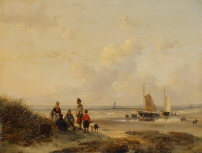 Hvilende fiskere på en strand i klart vejr af Andreas Schelfhout