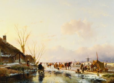 Skatere ved en bod på en frossen flod, 1850 af Andreas Schelfhout
