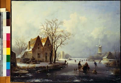 Skatere i et frossent vinterlandskab af Andreas Schelfhout