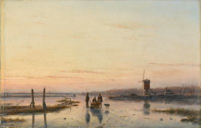 Vindmølle ved siden af en frossen flod af Andreas Schelfhout