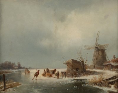 Vinterlandskab med skøjteløbere af Andreas Schelfhout