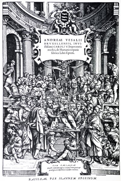 Titelside til anden udgave af De Humani Corporis Fabrica, Plade 3, 1555 af Andreas Vesalius