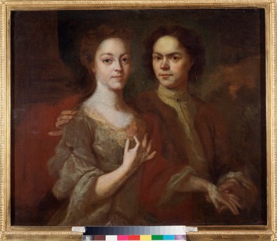 Selvportræt med sin kone (Self Portrait with the Wife) - Maleri af Andrei Matveyevich Matveyev (Matveiev) (1701-1739), olie på lærred, ca. 1729 - Russisk kunst, 1700-talsportræt - Statens russiske museum, Sankt Petersborg af Andrei Matveyev