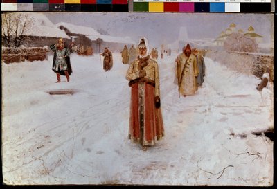 søndag (søndag). Om vinteren, på en snedækket vej i Storhertugdømmet Moskva, i de urolige tider (16.-17. århundrede) i det gamle Rusland, vender Boyars (brætter, boiars), mænd og kvinder, i traditionelle kostumer, tilbage fra kirken. Andres maleri af Andrei Petrovich Ryabushkin