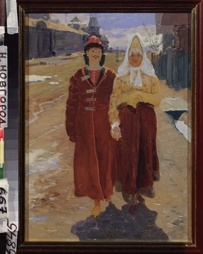 Besøgsudflugt. (par elegante Boyars (boiards, boiars) i traditionelt tøj, går ned ad gaden i en landsby med træhuse.) Maleri af Andrei Petrovich Ryabushkin (Riaboutchkine) (1861-1904), olie på lærred af Andrei Petrovich Ryabushkin