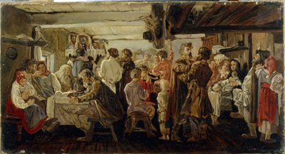 Et bondebryllup i Tambov-regionen (Rusland). (Bønderbryllup i Tambov-regionen). Maleri af Andrei Petrovich Ryabushkin (Riaboutchkine) (1861-1904), olie på lærred, ca. 1880. Russisk kunst fra det 19. århundrede. Statens Tretyakov-galleri, Moskva. af Andrei Petrovich Ryabushkin