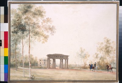 ""Porten til parken i Tsarskoye Selo"" af Andrei Yefimovich Martynov (1768-1826), Gouache på papir efter 1821, 38,5x51,5, Tretyakov-galleriet, Moskva af Andrei Yefimovich Martynov