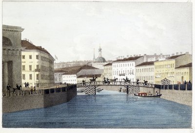 Le pont Bolshoi Koniushennyi a Sankt Petersborg. (Bolshoi Koniushennyi-broen i Sankt Petersborg). Lithographie et aquarelle af Andrei Yefimovich Martynov (1768-1826) af Andrei Yefimovich Martynov