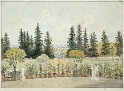 Udsigt fra terrassen til det store Oranienbaum-palads i Lomonossov, byområdet Sankt Petersborg (Udsigt fra terrassen til det store Oranienbaum-palads). Værk af Andrei Yefimovich Martynov (1768-1826), akvarel på papir af Andrei Yefimovich Martynov